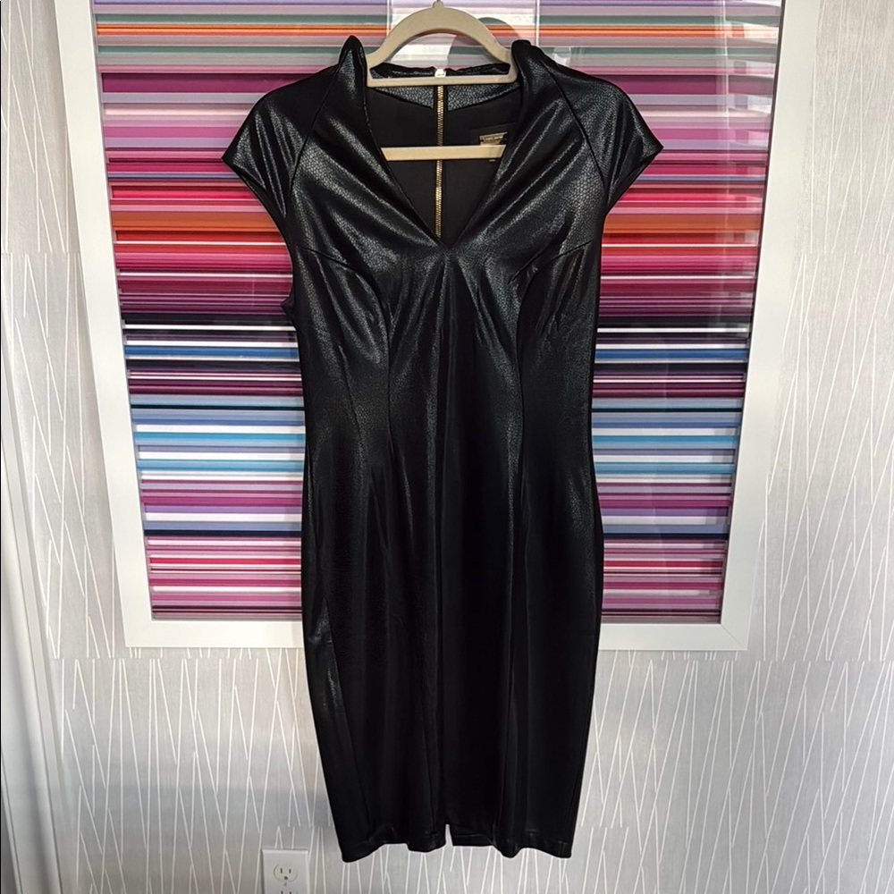 Black Faux-Leather Midi Dress with Cap Sleeves